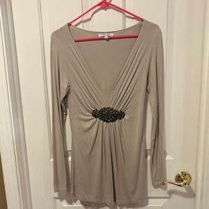 Vertigo Paris Taupe Long Sleeve V-Neck Tunic with Embellished Waist